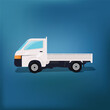© Dede - Adobe IlluFlat vector illustration of a white pickup truck in side view on a blue gradient background, representing transportation, delivery, logistics, and commercial vehicle conceptsstrator Artwork