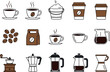 © tofajjol studio - Large set of coffee icons and elements vector illustration, showcasing brewing equipment, takeaway cups, beans, and hot beverages in a modern outline doodle style.