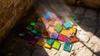 © Sofiaz - Shattered pieces of vibrant stained glass lie scattered on rough ground illuminated by dappled sunlight