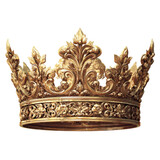 Ornate golden royal crown with intricate floral detailing and pointed fleur de lis accents image, Isolated On White, Png Transparent, Cut Out