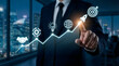 © Prime - Businessman hand touching rocket launching on growth line with icons,concept of startup business boost,rapid development strategy,global partnership success,innovation target vision.