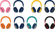 © Rumi - Colorful headphones illustration set featuring modern over ear audio headsets for music, gaming, podcast, and media listening
