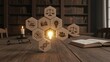 © Dennis - Bioethics and justice in focus: wooden hexagons with DNA, scales, people and book icons around glowing lightbulb in library, symbolizing ethical decision making in law, medicine, genetics and research