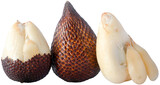 Composition of Three Snake Fruit Buah Salak Showing Skin Flesh and Segments on Transparent Background