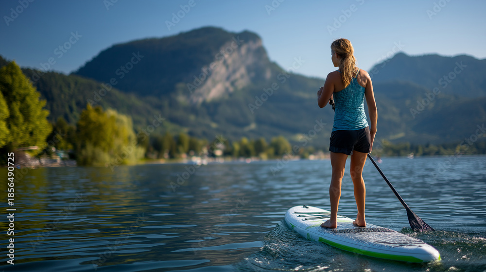 Faceless woman paddleboarding on calm lake, water sports recreation, active summer lifestyle, fitness activity, outdoor adventure, aquatic exercise, with copy space