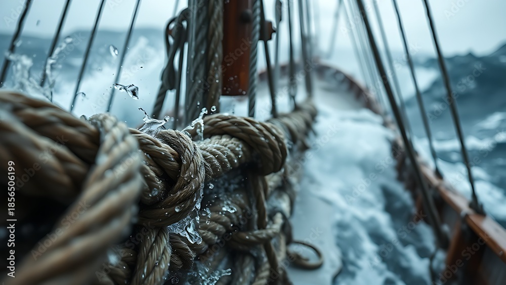 Taut Force Rope taut. Wet ship ropes pulled taut during a storm, showing texture and ...