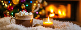 Hot chocolate with cream and marshmallows sits on a blanket next to a burning candle against a backdrop of a decorated Christmas tree and fireplace on Christmas Eve