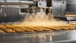 © DigitalSpace - Medium shot of an oil spray flavor applicator releasing a fine mist of flavored oil onto baked snacks traveling on a singlelane conveyor belt highlighting uniform application.