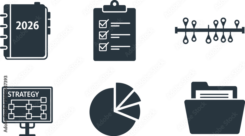 Task Yearly Icon Collection of six dark business icons representing planning management ...