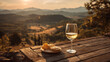 © Selvi - Elegant glass of white wine with a smooth, translucent appearance and a slight golden hue, paired with a cheese platter featuring creamy, textured cheeses on a rustic wooden table