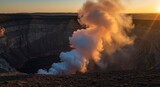 Volcanic crater at sunset, emitting white and orange smoke; molten lava visible within
