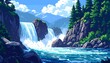 © Tahu - Pixelated waterfall scene with lush green trees, rocky outcrops, and distant blue mountains under a cloudy sky