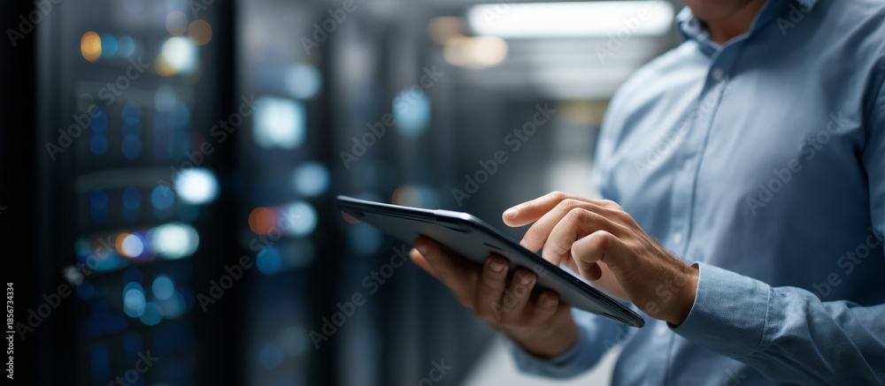Faceless IT professionals using tablet computer heavily defocused data ...