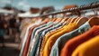 © horizon - Clothing rack filled with assorted shirts and garments at an outdoor market on a sunny day with a blurred background of shoppers and a house.