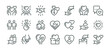 © FishCoolish - Charity human care outline icons pack. Line signs volunteering and giving, support donation or friendly handshake. Thin vector icons set perfect for web app infographic business social projects.
