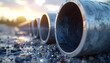 © ezra - Industrial Pipe Installation: A series of industrial pipes stretches into the distance against the backdrop of a vibrant sunset, symbolizing infrastructure.