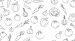 © Earlene - Detailed line art seamless pattern featuring outlines of different vegetables like tomatoes, carrots, peppers, and onions.
