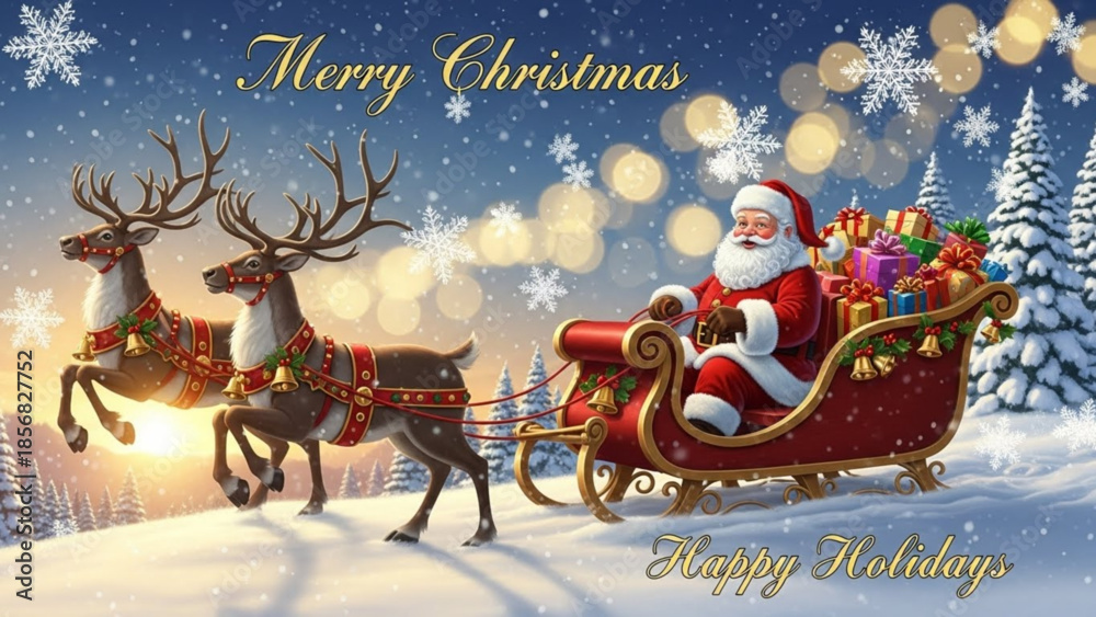 Santa claus riding in his sleigh pulled by reindeer on a snowy winter ...