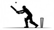 © Rekha - Minimalist black white silhouette cricket batsman swing pose with gear dynamic action bat raised ball midair stumps clean lines high-impact sports illustration.