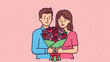 © Nadeem - A smiling man and woman holding a bouquet of roses together on a pink background, romantic couple