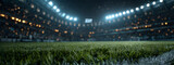 a soccer stadium at night, with fans in the stands, a grass field, and bokeh lights