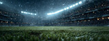 a soccer stadium at night, with fans in the stands, a grass field, and bokeh lights