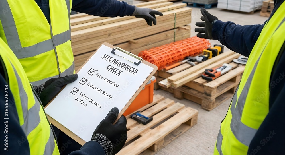 Stock-Foto „Construction site safety inspection checklist with workers ...