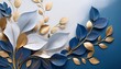 © Judith - Beautiful Minimalistic Plant Nature Wallpaper Background Of Blue Grey And Gold Dainty Flowers And Leaves Generative Ai