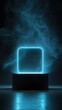© ART BY SAIFUL - Vibrant photo of Blue neon square frame on black pedestal with smoke in dark background, futuristic stage or product display.