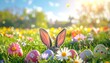© Fartner - Easter bunny ears peek over brightly colored eggs in a sunny, blooming meadow.