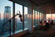 © Nazia - Condenser microphone in a modern office with city skyline view at sunset