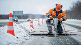 Construction worker using a jackhammer to repair a road in winter. Man breaking asphalt with pneumatic drill on snowy highway. Road maintenance concept