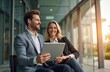 © Pete - Man and woman in suits smile while looking at tablet outside modern office building. They discuss work plan during sunny day. Colleagues collaborate effectively for business success.