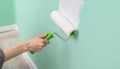 © Aziz - A person's hand holding a green paint roller applying white paint to a mint green wall with a partially painted section.