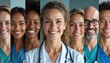 © Pete - Diverse group of smiling medical professionals in scrubs and lab coats. Their faces are arranged vertically, showing teamwork and care in healthcare. People share positive outlook for patient health.