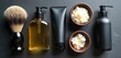 © Pete - Men grooming set arranged on slate. Shaving brush, oil, cream, soap, scrub in bowls. High end personal care products for smooth skin. Self care.