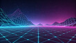 © AMIN - Retro Futuristic Digital Landscape with Neon Grid Mountains and Stars in Cyan and Magenta