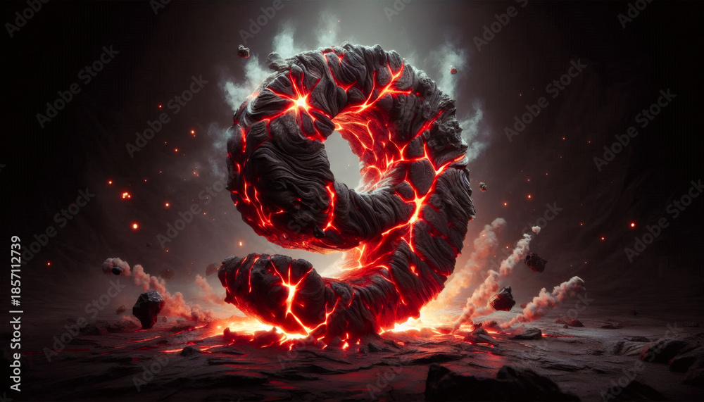 The number 9 is carved from molten lava, with glowing cracks, fiery ...