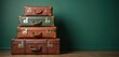 © Viktor - Stack of vintage leather suitcases in browns and green hues against a dark teal wall. Retro baggage suggests travel and journeys. Classic luggage for adventures and vacations.