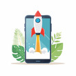 © figi - Rocket launching from a smartphone screen, digital startup launch concept with simple geometric shapes. Generative AI