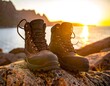 © Bela - Hiking boots perched on a rock at sunset, overlooking a scenic ocean