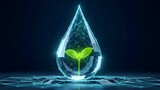 Digital water drop protecting a growing green sprout in futuristic environment