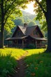 © Janmo - Rustic wooden ranch house nestled amongst towering trees, bathed in warm sunlight Perfect for rustic, nature, and country themes , country, cabin, field