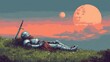 © ice on earth - Pixel art knight in silver armor lying down on green grass field resting under two giant moons and orange sunset sky in fantasy world