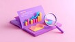 © Muhammad - 3d render of a book with a bar graph, line graph, pie chart and a magnifying glass, illustrating data analysis and financial growth on pink background