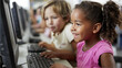 © Maksim Shebeko - Young children use computers with smiles, engaged in a learning activity Generative AI