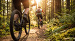 © Anastasiya - Mountain bike riders speed through forest. Bike trail glows in sunset light, bike adventure with two cyclists on dirt path, outdoor fitness for World Bicycle Day, summer travel theme