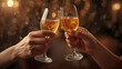 © Ganda - Two people clinking champagne glasses in a festive toast with warm bokeh lights in the background, celebrating a special occasion.