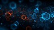 © Kdhtdg - Abstract digital glowing hexagonal geometric shapes and particles floating in a dark cosmic background with vibrant blue and orange lights creating a futuristic technological atmosphere