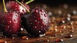 © Zhiandra_Dsgn - Close-up view of glistening cherries, covered in water droplets, resting on a dark wooden surface, showcasing a rich, vibrant red hue and a captivating texture.